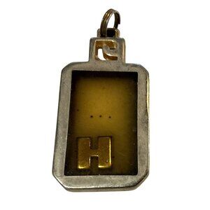 Vintage Rectangular Metal & Amber-Colored "H" Pendant 1" H